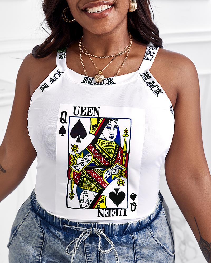 

Letter Poker Print Sleeveless Bowknot Decor Top, White
