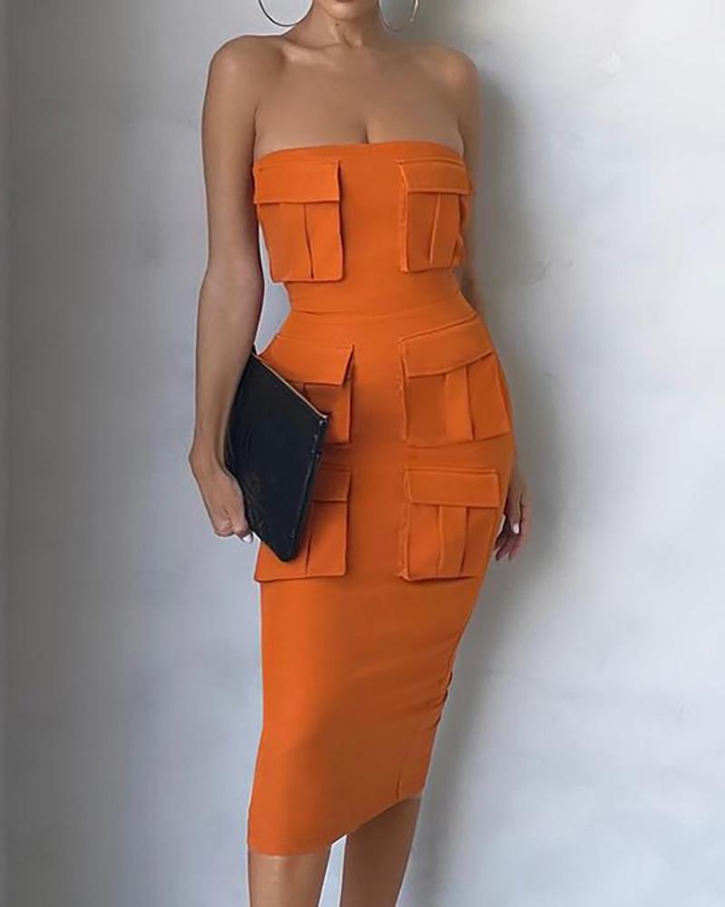 

Bandeau Sleeveless Pocket Design Work Dress, Orange