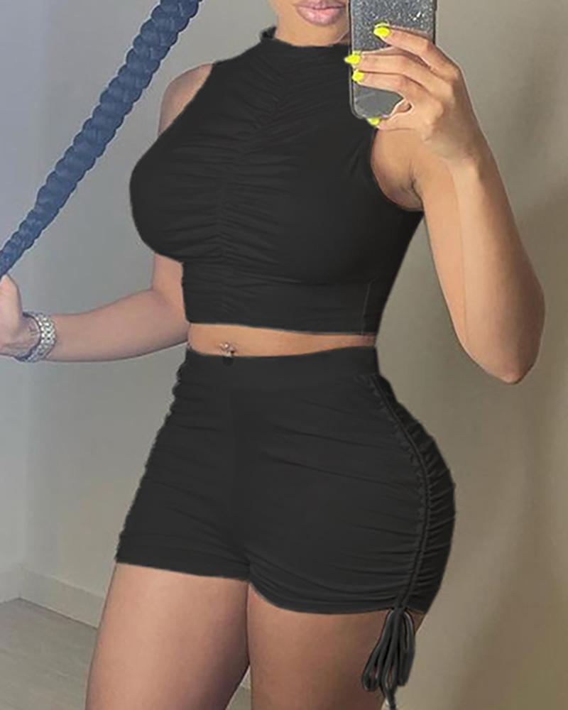 

Ruched Sleeveless Crop Top & Drawstring Shorts Set, Black
