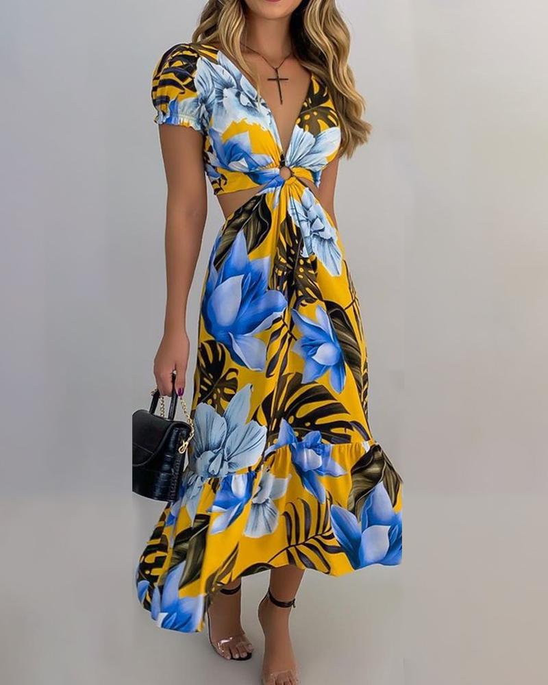 

Plants Print Short Sleeve Loose Midi Dress, Yellow