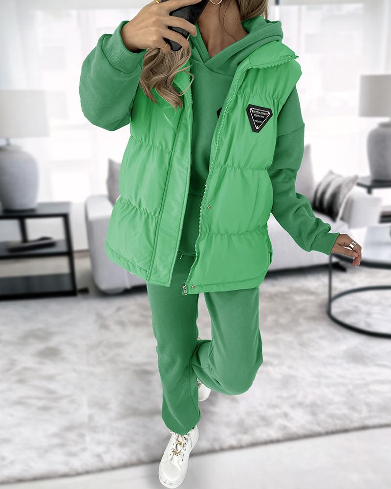

Pocket Design Hooded Sweatshirt & Cuffed Sweatpants Set With Vest Puffer Coat, Green