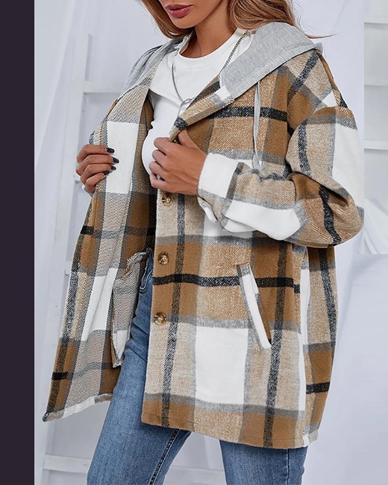 

Plaid Print Buttoned Pocket Design Hooded Coat, Apricot