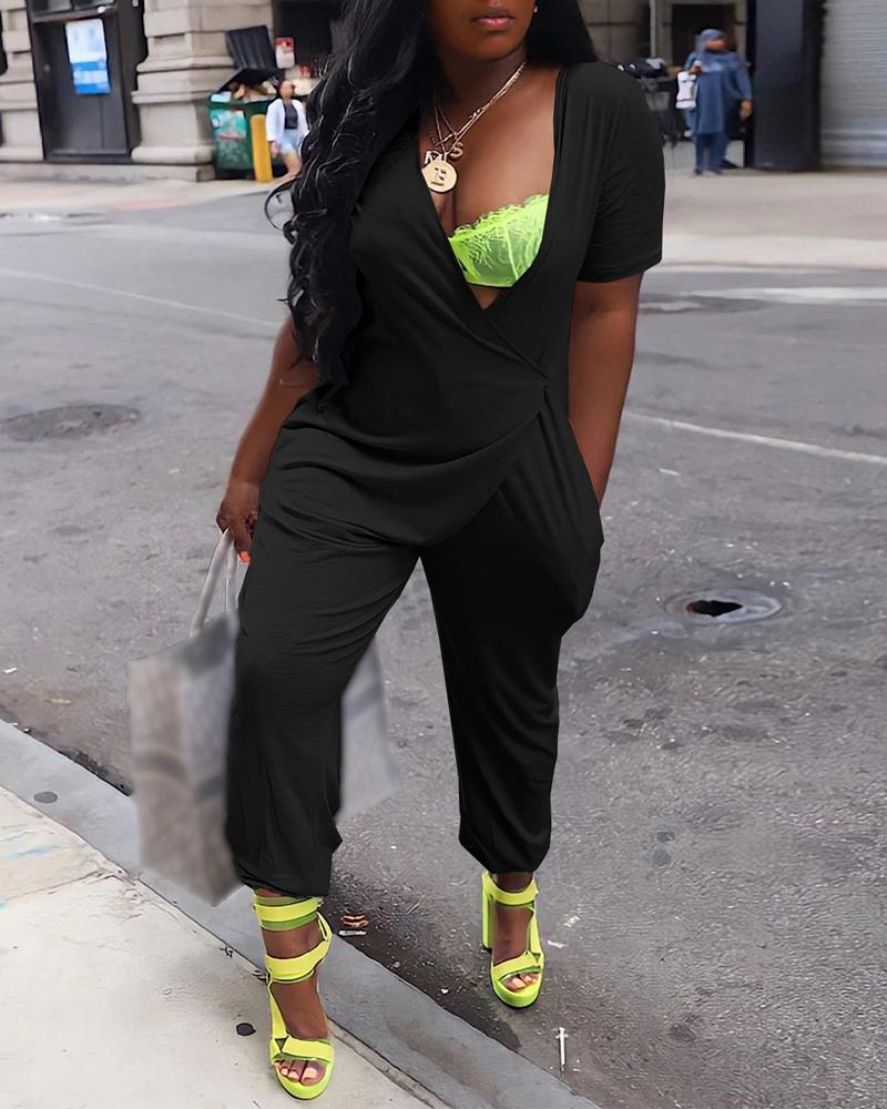 

Plain Pocket Design Deep V-Neck Jumpsuit, Black