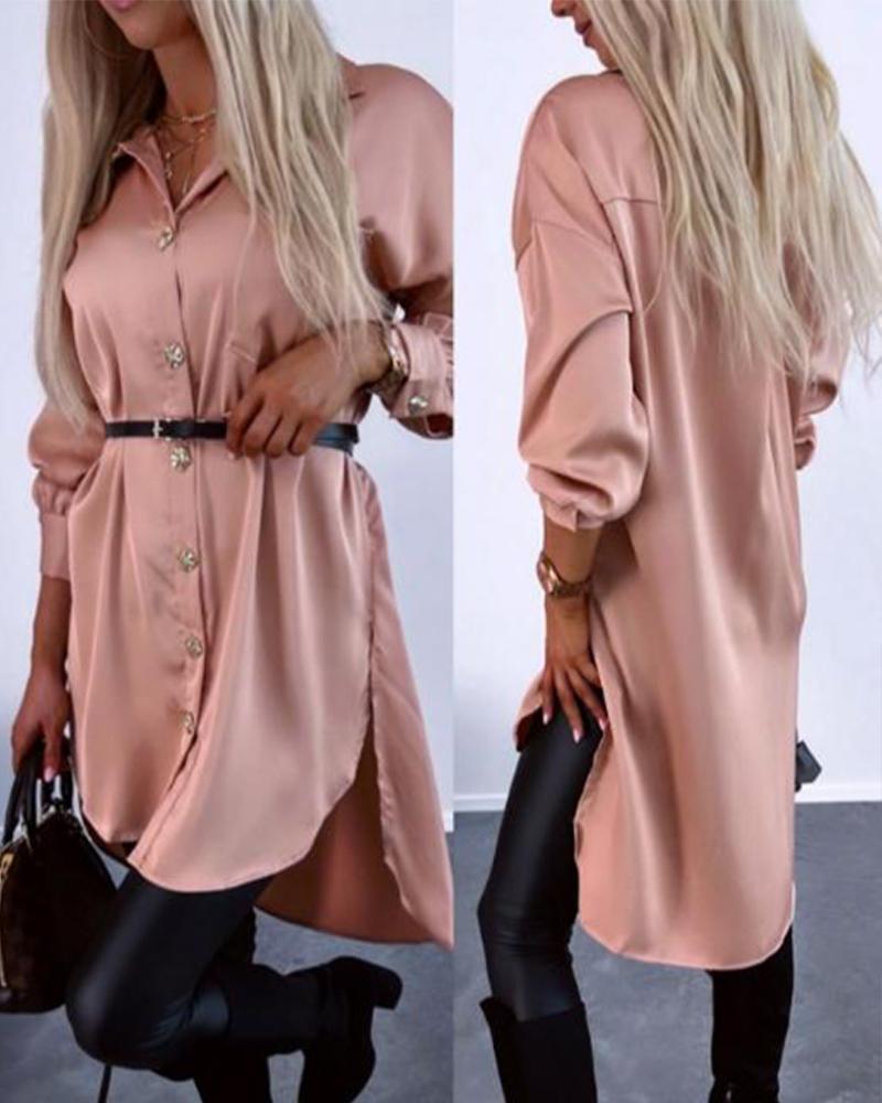 

Dip Hem Buttoned Shirt Without Belt, Pink