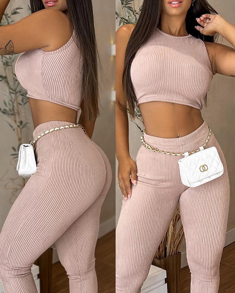 

O-Neck Crop Top & High Waist Pants Set, Light pink