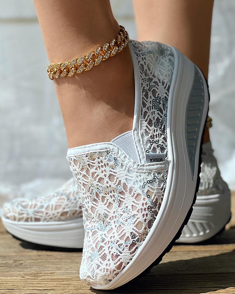 

Contrast Sequin Lace Slip-on Sneakers, White