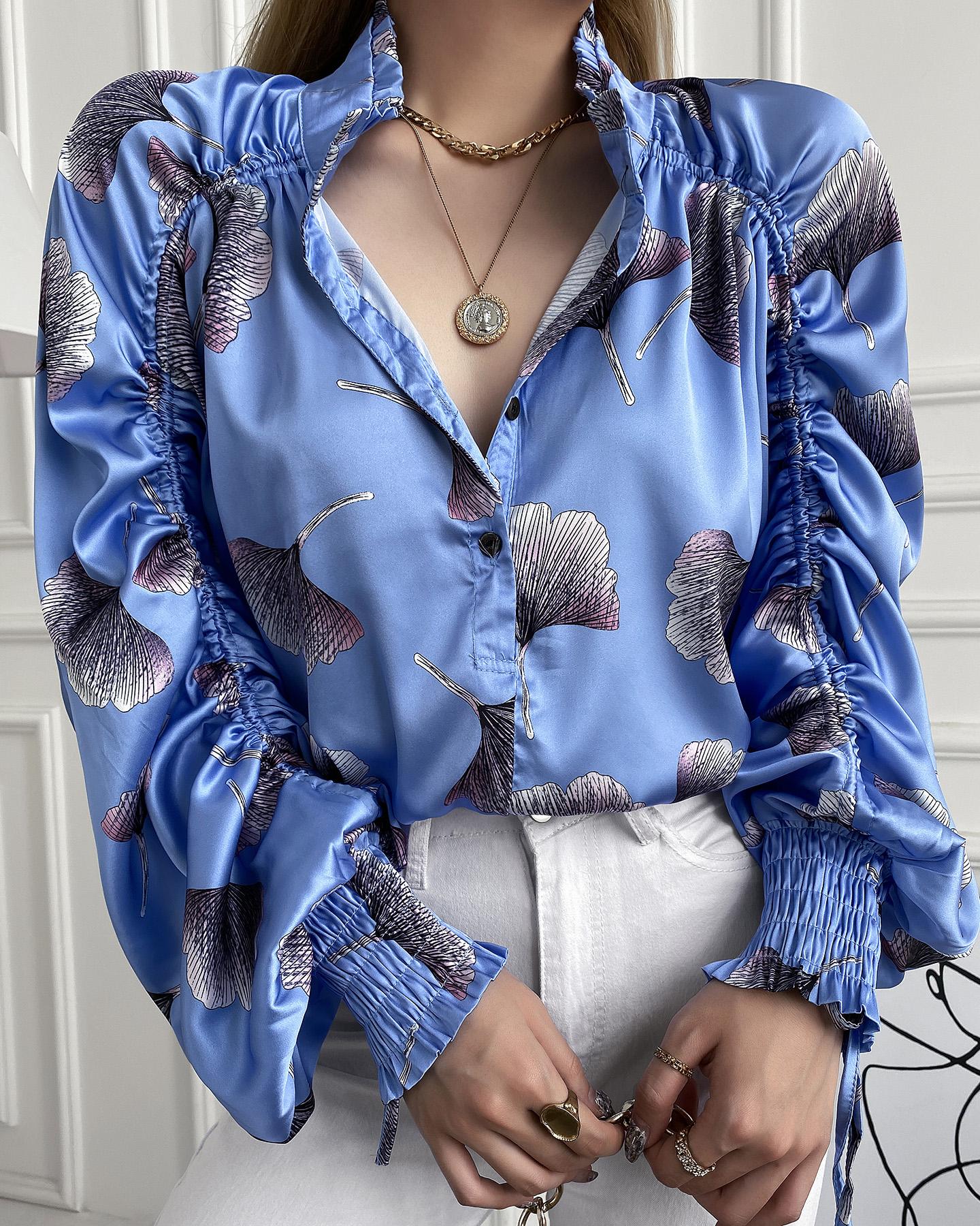 

Ginkgo Leaf Print Satin Lantern Sleeve Top, Blue