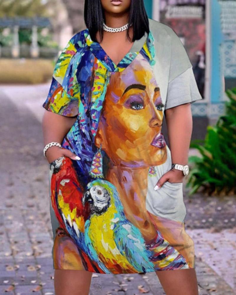 

Plus Size Figure Print Pocket Detail Casual Dress, Style3