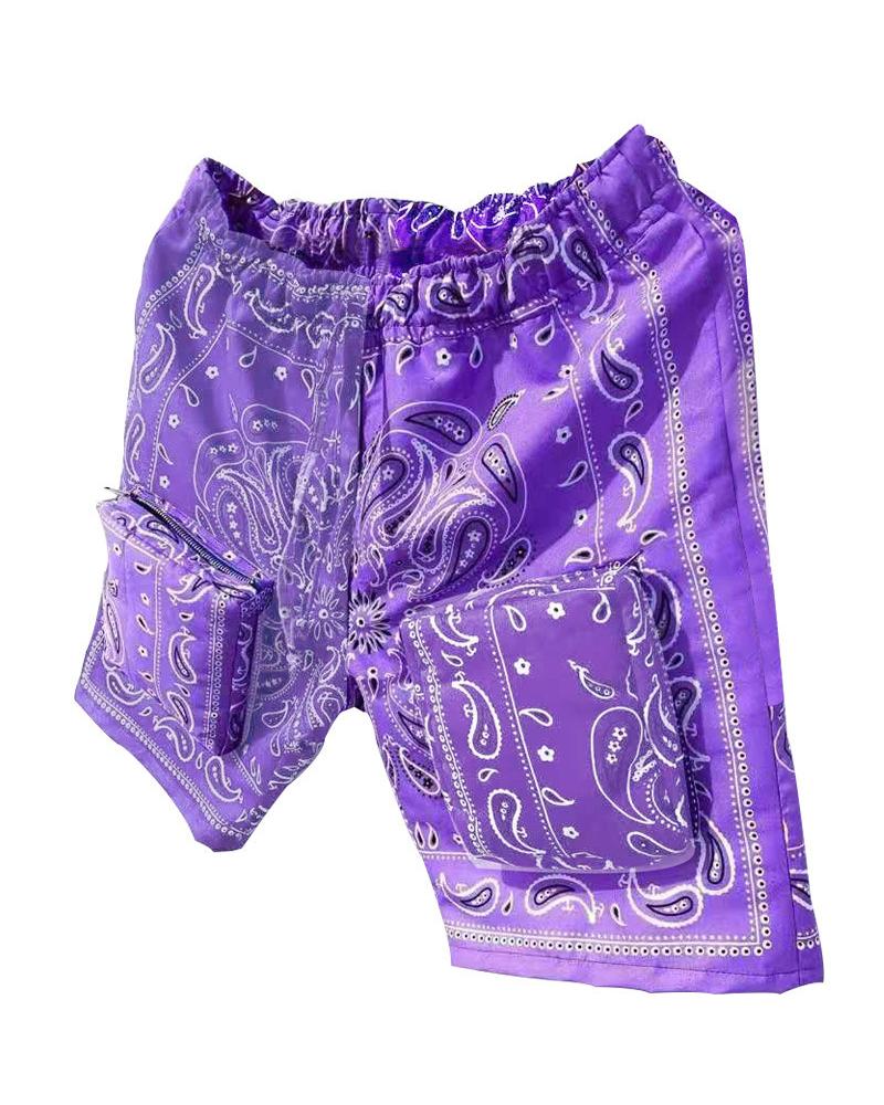 

Paisley Print Loose Drawstring Shorts, Purple