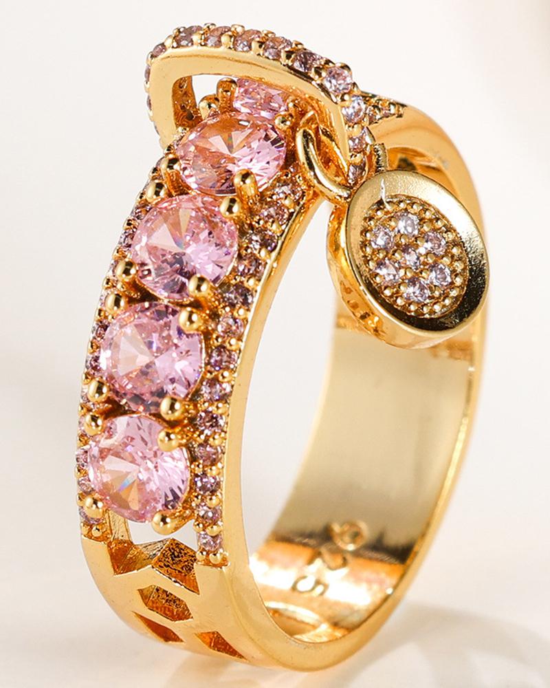 

1pc Vintage Crystal Stone Decor Hollow Ring, Pink