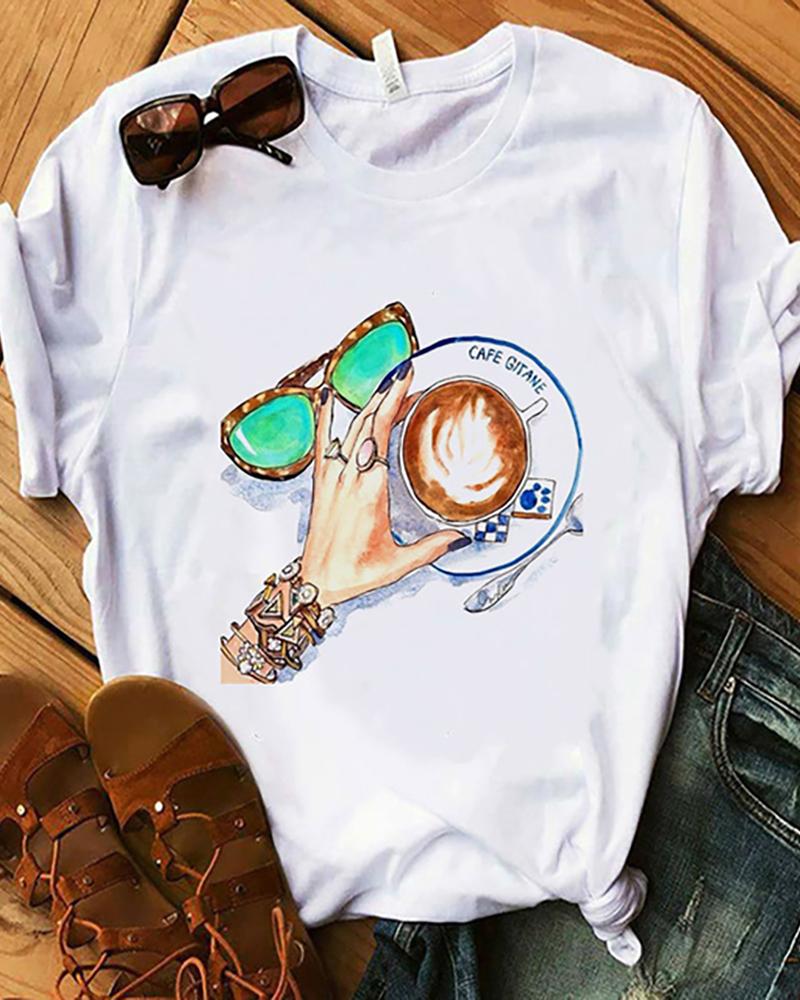 

Lip / Letter / Floral / Figure / Graphic Print Round Neck T-Shirt, Style2