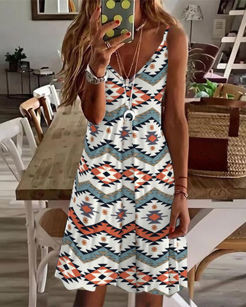 

Aztec Geometric Print V-Neck Casual Cami Dress, Multicolor