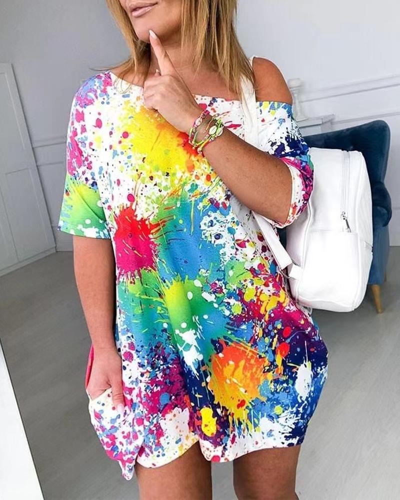 

Ink Splash Pocket Detail Casual Dress, White