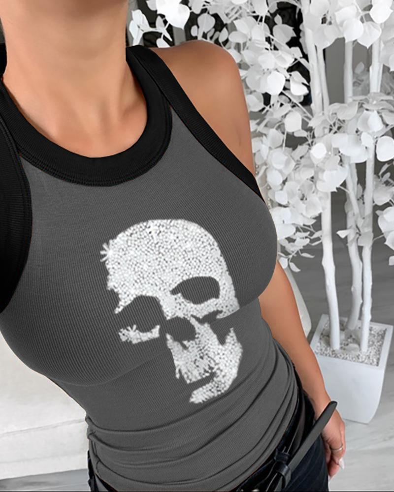

Summer Sleeveless Basic Cami Top Shirt Slim Knit Ribbed Racerback Blouses Skull Pattern Studded Tank Tops, Gray