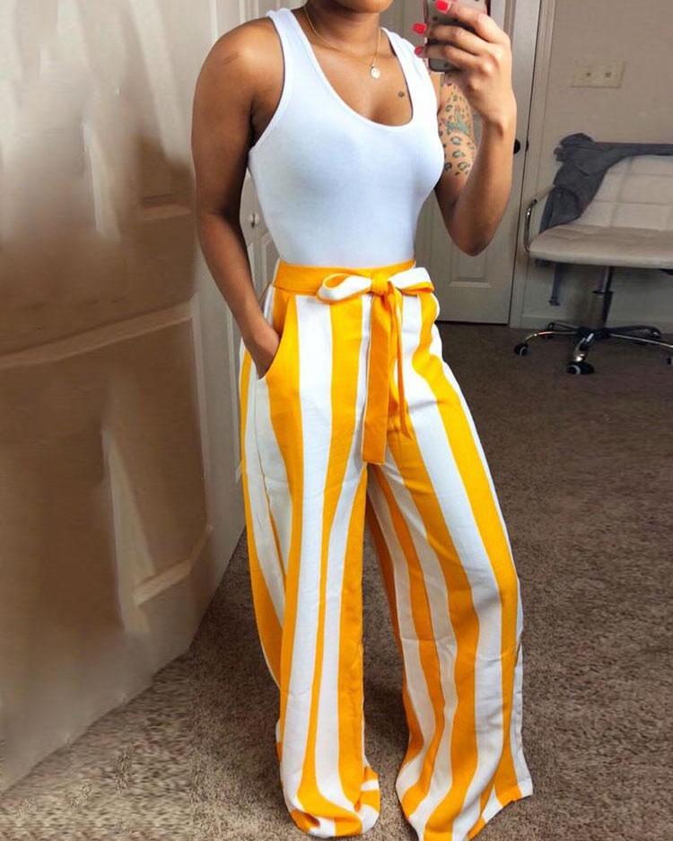 

Contrast Striped Tie Waist Wide Leg Pants, Yellow