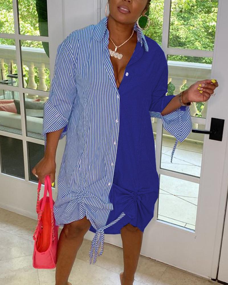 

Striped Colorblock Button Up Drawstring Shirt Dress, Blue