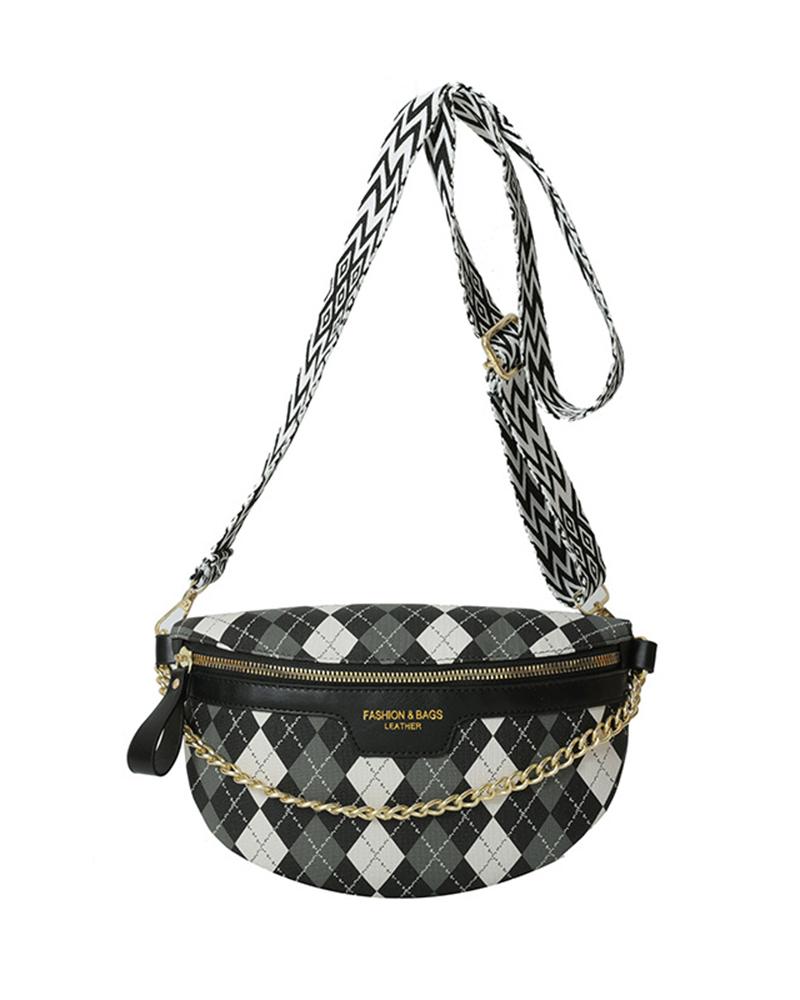 

Chain Decor Zipper Design Crossbody Bag Argyle Fanny Pack, Black