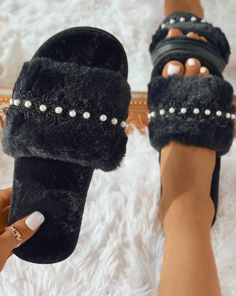 

Beaded Mesh Decor Fluffy Casual Slipper, Black