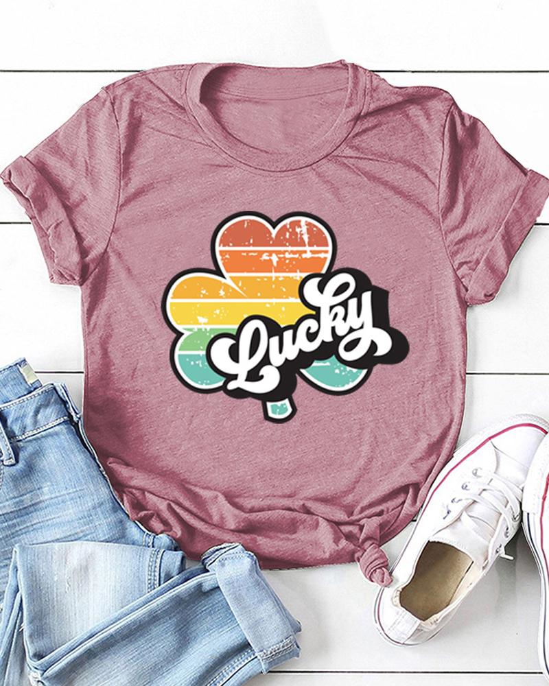 

St.Patrick' Day Letter & Clover Print Short Sleeve T-Shirt, Hot pink