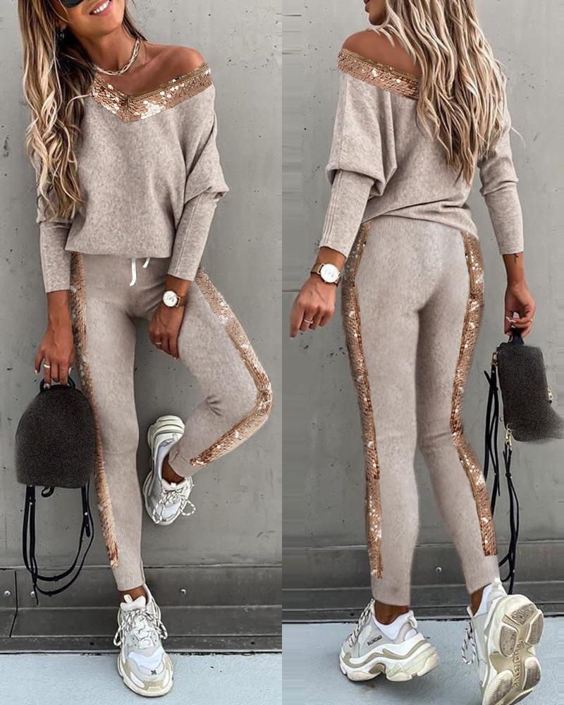 

Sequins Long Sleeve Top & High Waist Pants Set, Beige