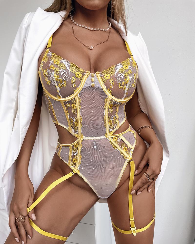 

Floral Embroidery Dot Mesh Garter Teddy, Yellow