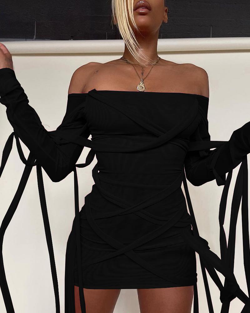 

Off Shoulder Long Sleeve Strappy Bodycon Dress, Black