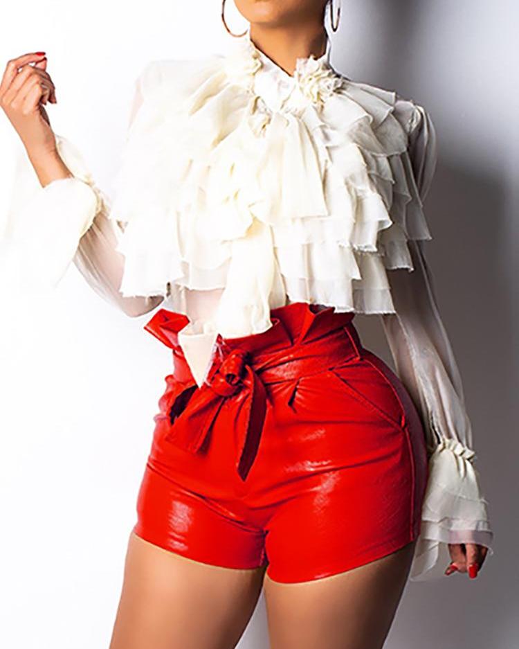 

Paperbag Waist Belted PU Shorts, Red