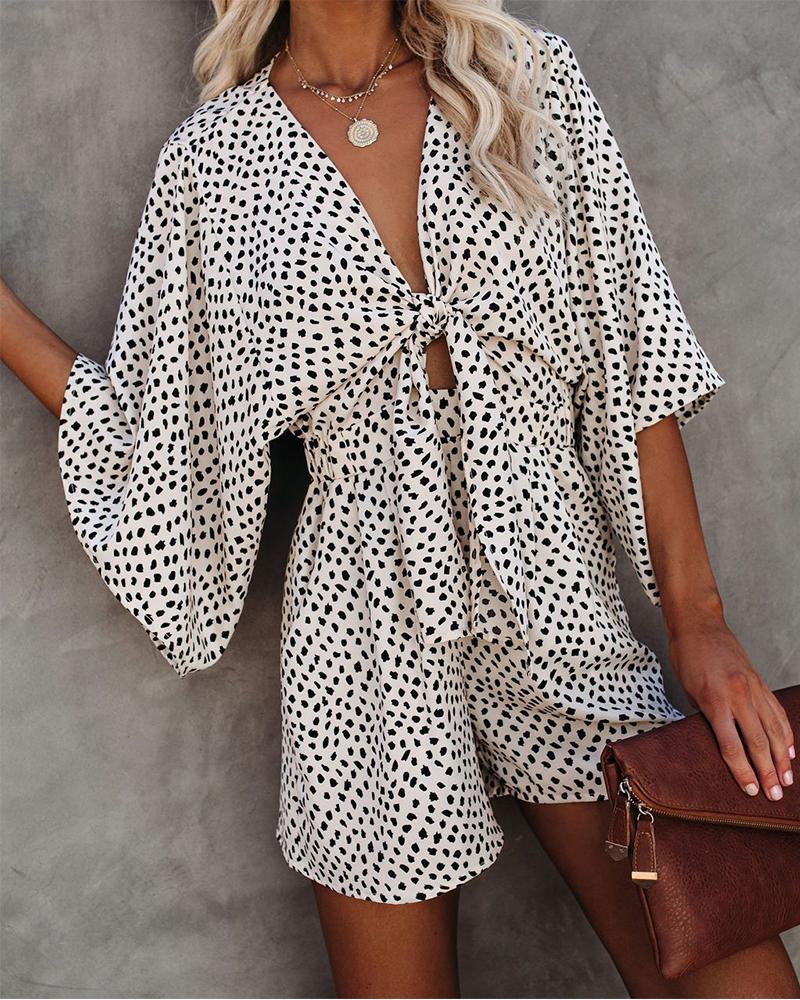 

Dot Print Short Sleeve Loose Lace-up Rompers, Beige