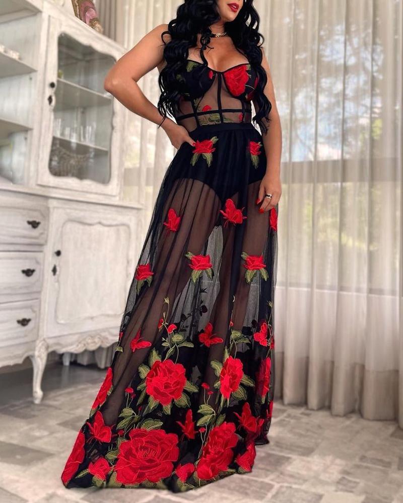 

Sleeveless Floral Pattern Sheer Mesh Party Dress, Black