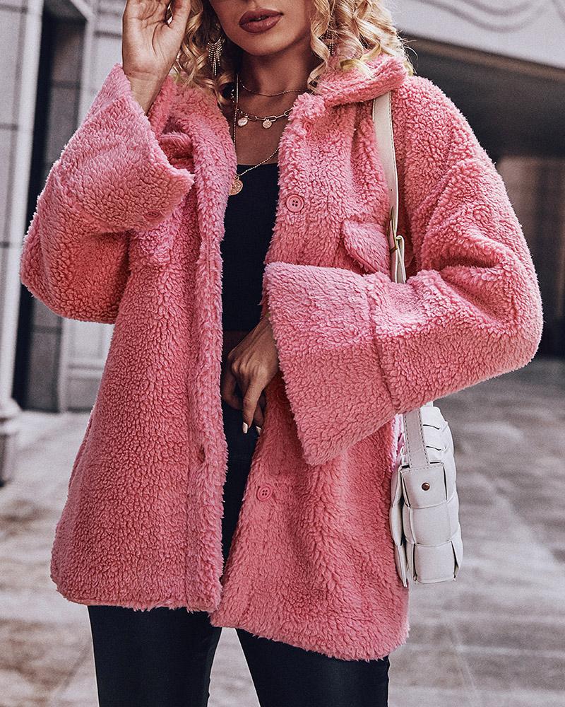 

Pocket Design Pocket Design Long Sleeve Teddy Coat, Pink