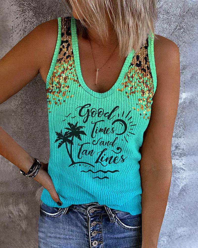 

Contrast Leopard Coconut Tree Letter Print U-Neck Tank Top, Turquoise blue