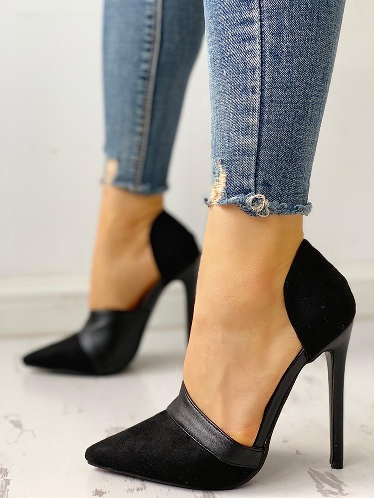 

Pointed Toe Suede & PU Heels, Black