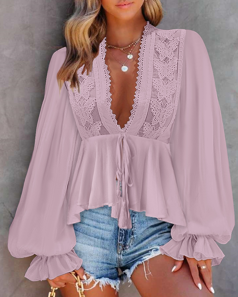 

Tied Detail Lace Patch Lantern Sleeve Top, Pink