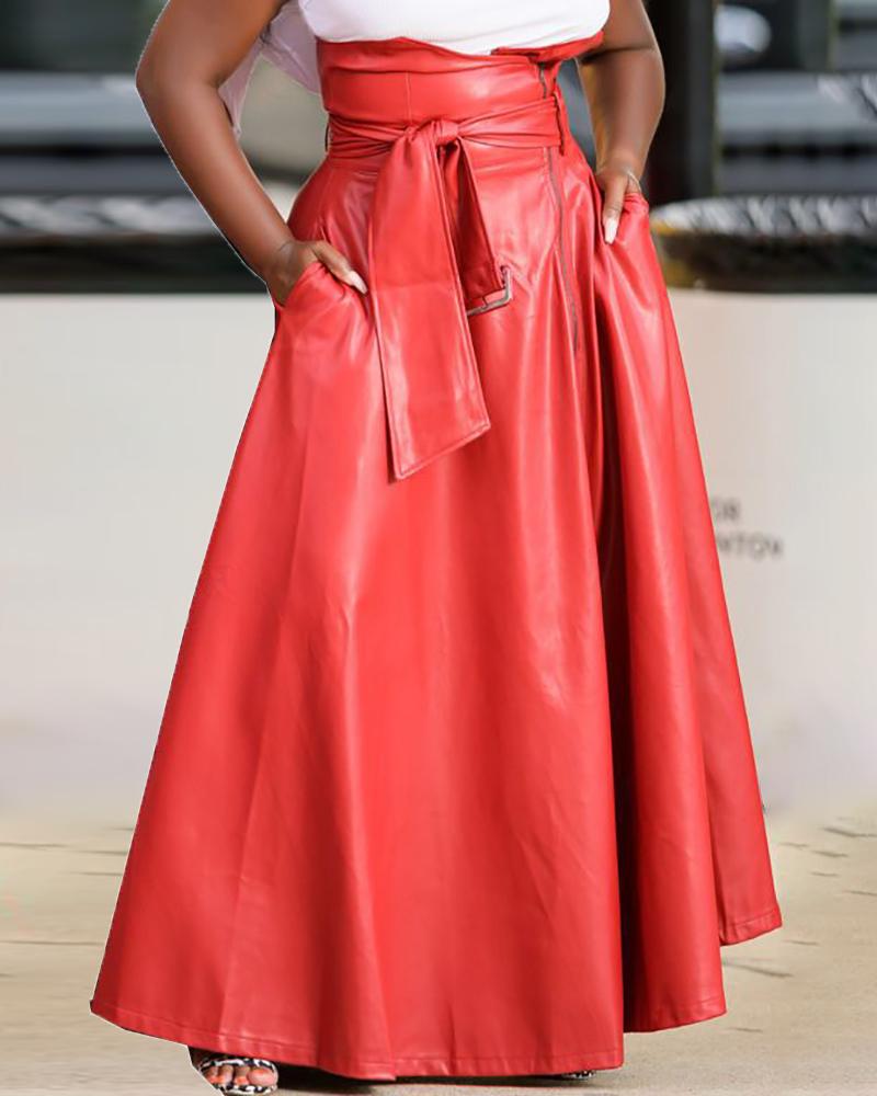 

PU Leather High Waist Zipper Pocket Design Skirt, Red