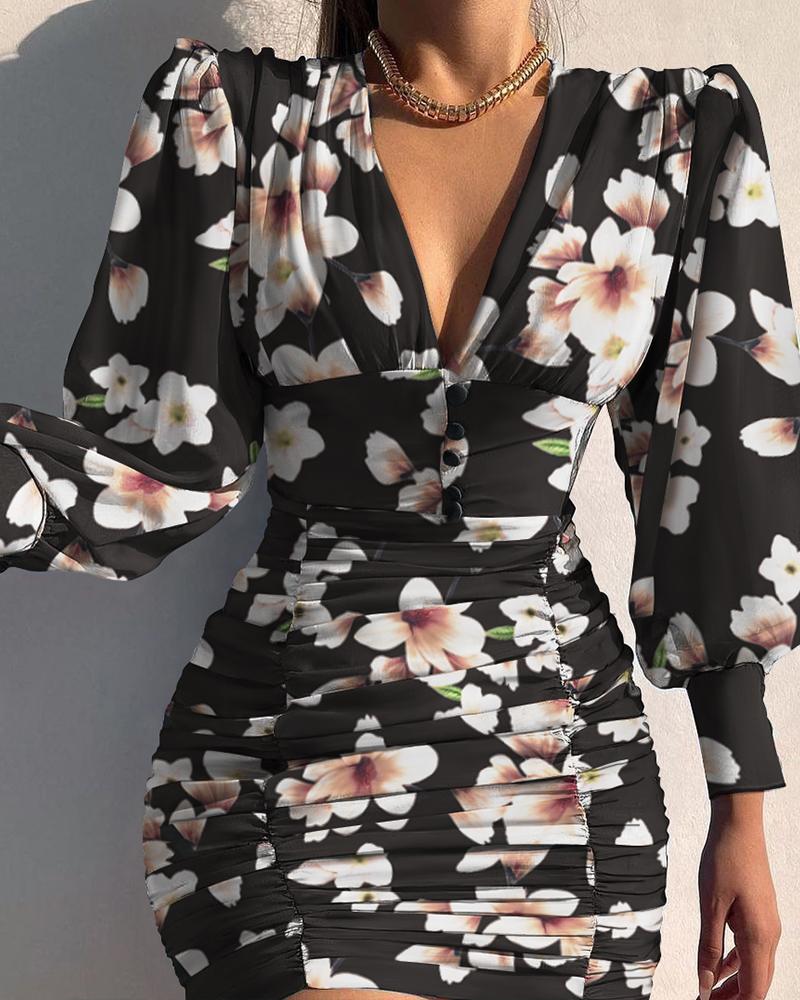 

Puff Lantern Sleeve Floral Print Ruched Bodycon Dress, Black