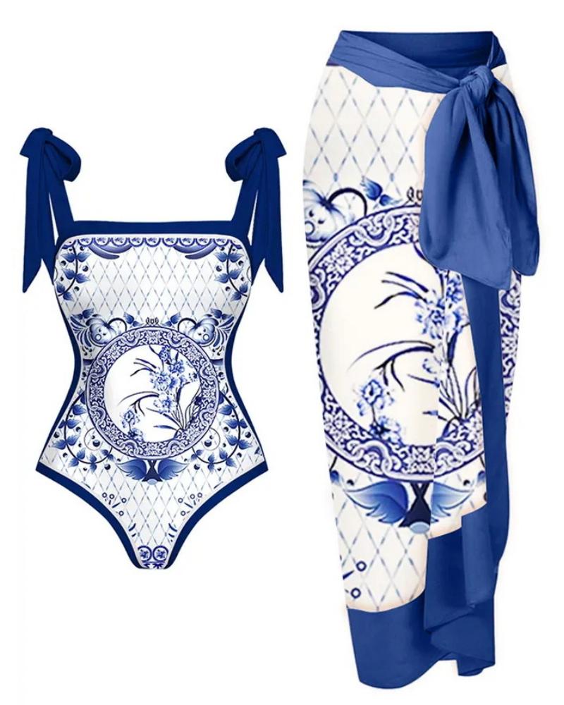 

Porcelain Print Tied Detail One Piece Swimsuit With Cover Up, Blue
