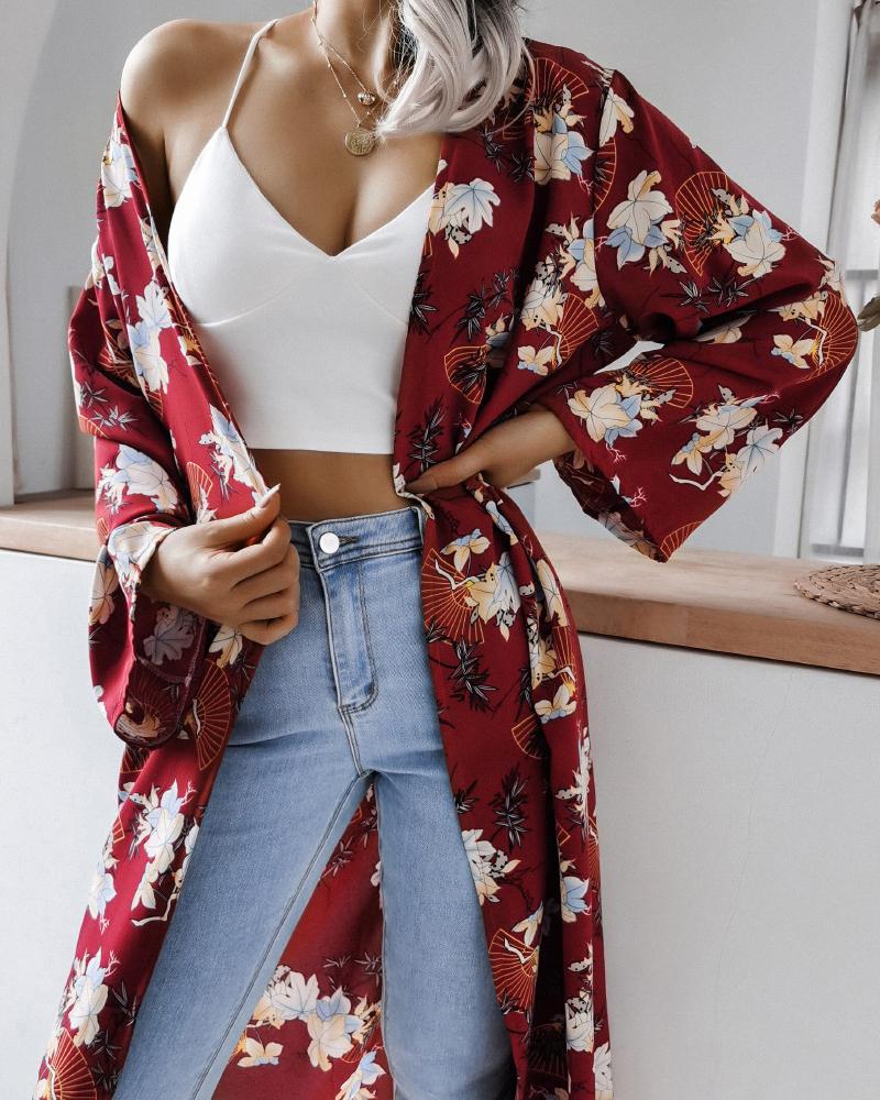 

Floral Print Bell Sleeve Longline Cover Up, Red