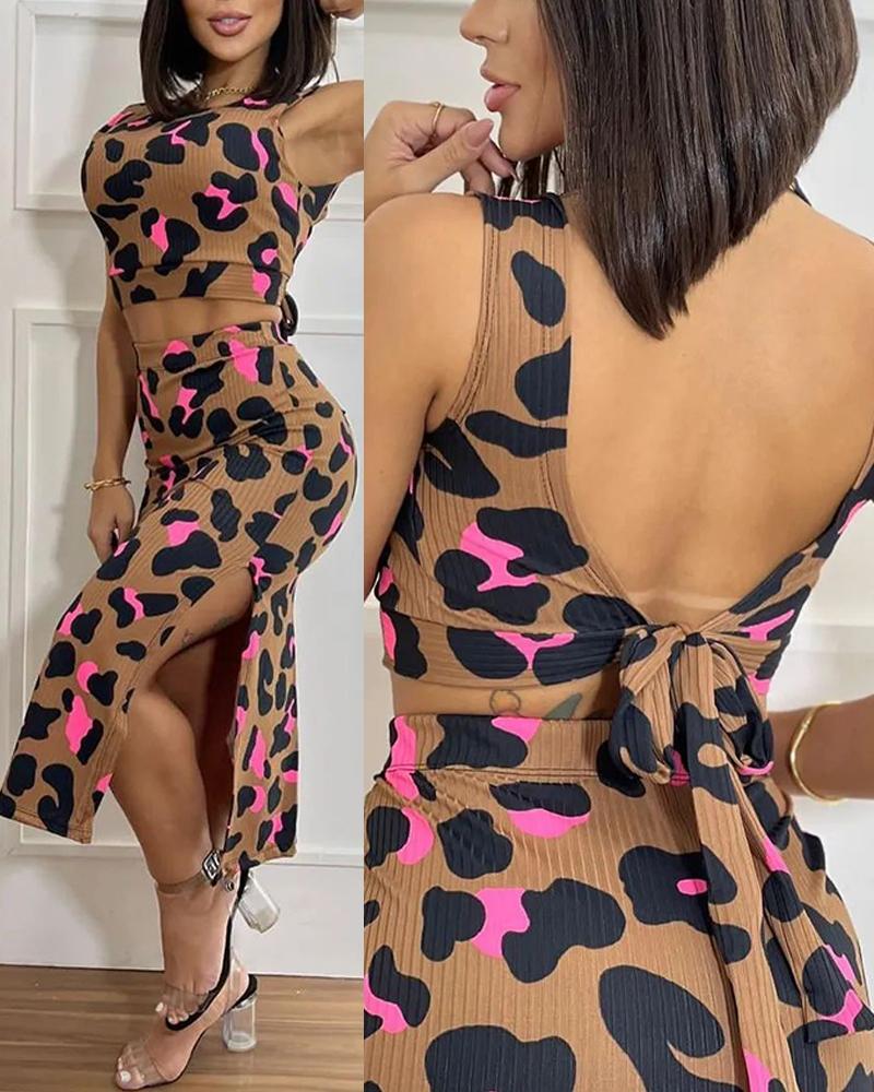

Leopard Print Tied Detail Top & Skirt Set, Brown