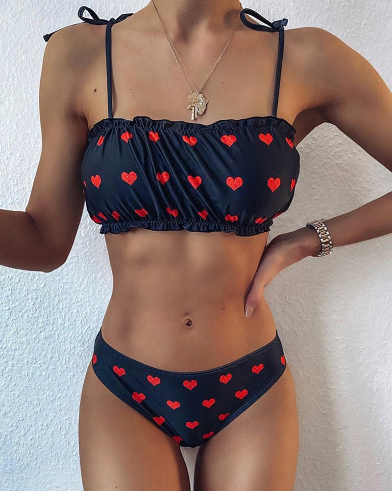 

Heart Print Tied Strap Tankini Set, Black