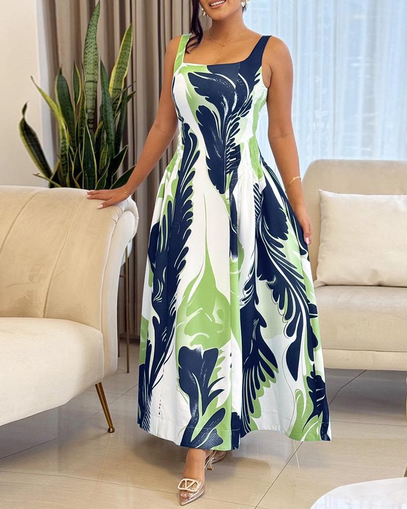 

Abstract Print Thick Strap Square Neck Dress Casual Flowy A Line Maxi Dress, Light green