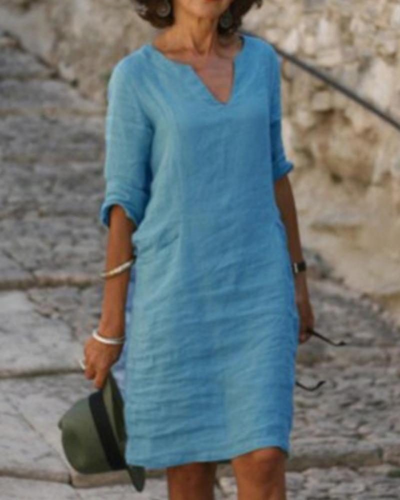 

Knee Length Dress Half Sleeve Shift Dress Plain Casual Dress, Blue