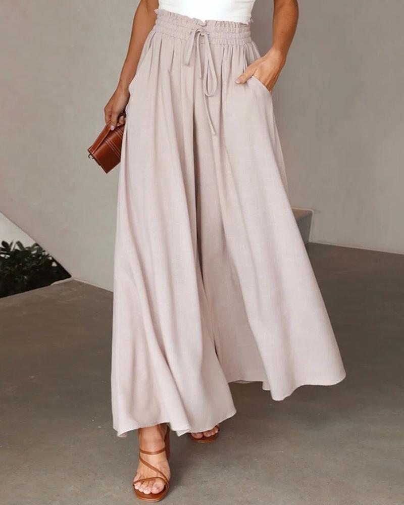 

Pocket Decor Flowy Wide Leg Pants, Apricot
