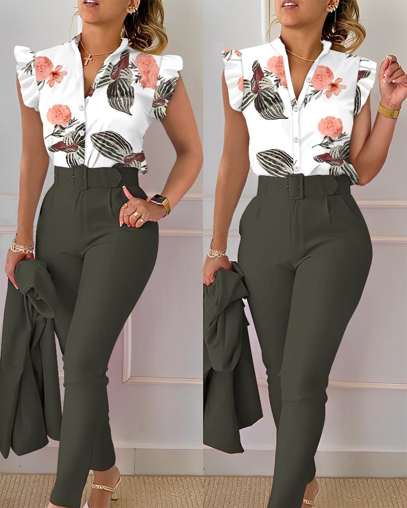 

Tropical Print Flutter Sleeve Top & Pants Set With Belt, Army green