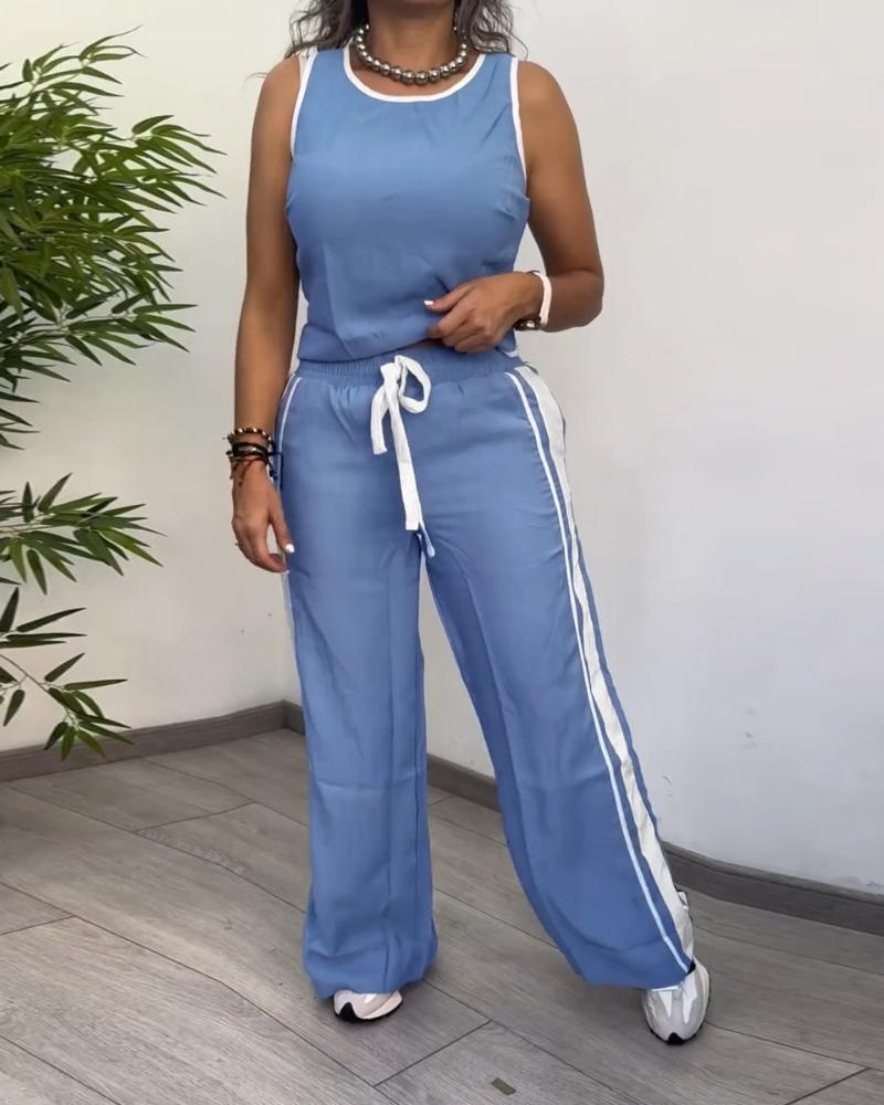 

Contrast Binding Tank Top & Striped Drawstring Pants Set, Blue