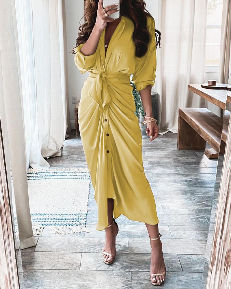 

High Slit Button Front Long Sleeve Shirt Dress, Yellow