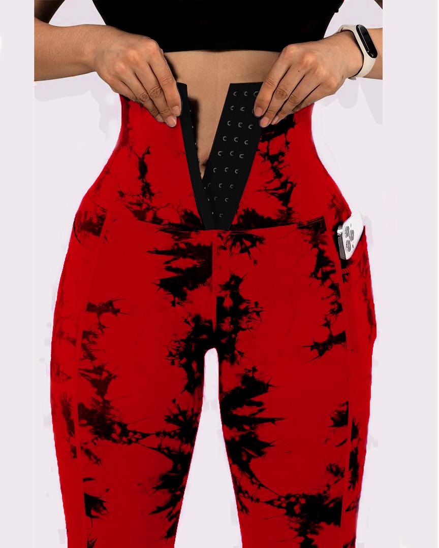 

Tie Dye Print Tummy Control Butt Lifting Pocket Design Yoga Pants, Red