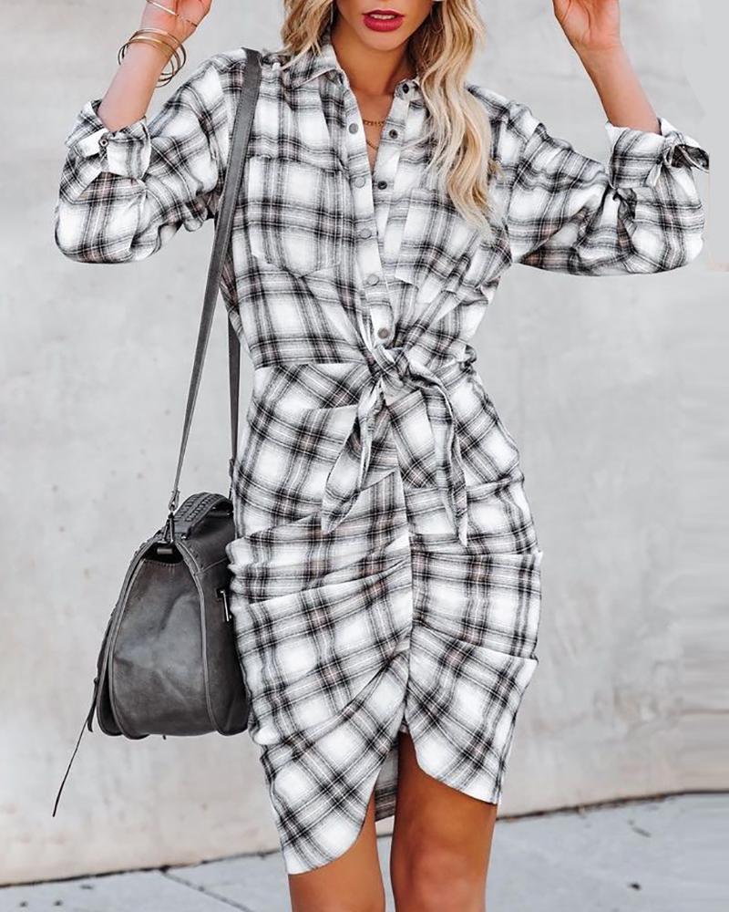 

Plaid Print Buttoned Tie Front Shirt Dress, Light gray