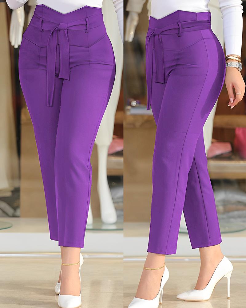

Asymmetrical Waist Tied Detail Work Pants, Purple