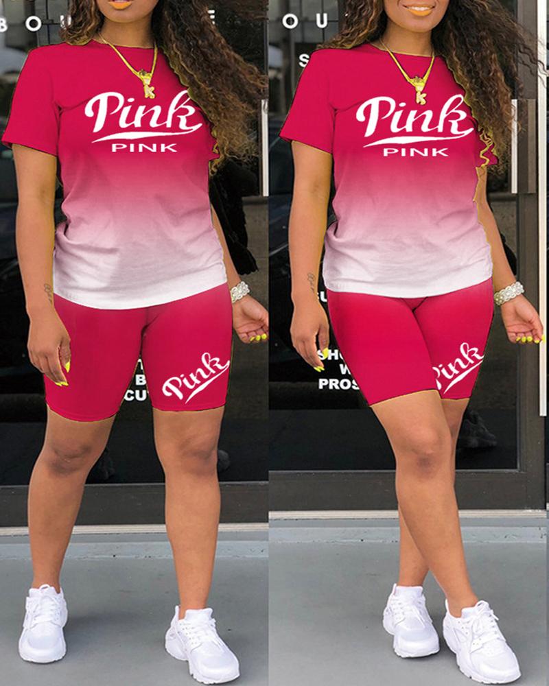 

Letter Print Short Sleeve Top & Shorts Set, Hot pink
