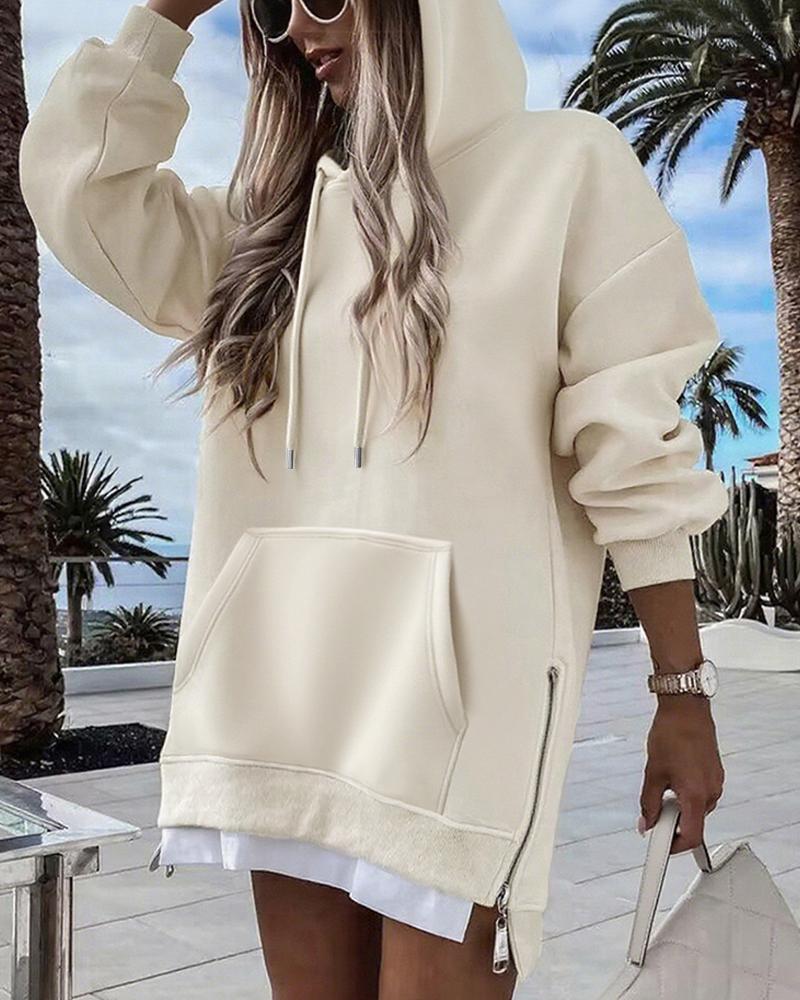 

Sweat-shirt à manches longues et poches, style décontracté, faux deux pièces, coupe longue, avec cordon de serrage, à capuche, Apricot